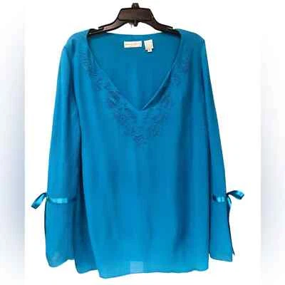 Dana Buchman turquoise 100% silk tunic blouse with sequins women’s size 12 - Image 1 of 4