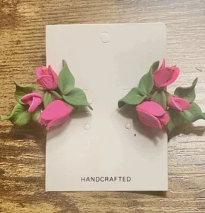 Vintage Post Earrings Pink Polymer Clay Flowers Rose Bush New - Picture 1 of 4