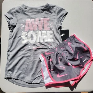 Nike Girls Size 4 Summer Dri-fit Lined Shorts & Tops Sport Gray Pink Swoosh - Picture 1 of 1