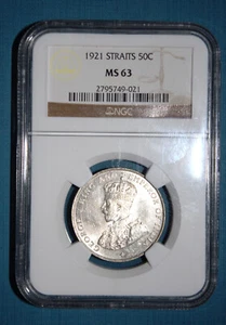 Straits Settlements (Malaysia) George V 1921 Silver 50 Cents MS63 NGC - Picture 1 of 2