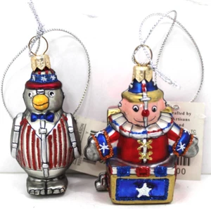 Weihnachtsschmuck (2) Clown Glas Jack-in-the-Box & Pinguin rot blau silber 3" - Bild 1 von 8