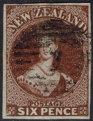 NUEVA ZELANDA 1862 QV CHALON 6D ROJO MARRÓN IMPERF WMK ESTRELLA GRANDE USADO Foto 1 de 2