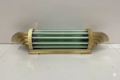 Art Deco Skyscraper Wall Sconces Antique Brass & Green Milk Glass Light 1 Piece - Image 1 of 4