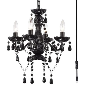 16"Plug in Chandelier Small Black Chandelier 4 Light Candle Crystal Style - Picture 1 of 8