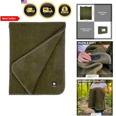 Virgin Wool Blanket Camping Survival Gear Full Size 90x78 Olive Green - Image 1 of 4