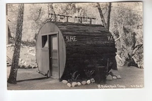 Postal con fotos reales PAT salón de descanso de troncos en Robinhood Camp Redwood Highway CA - Imagen 1 de 1