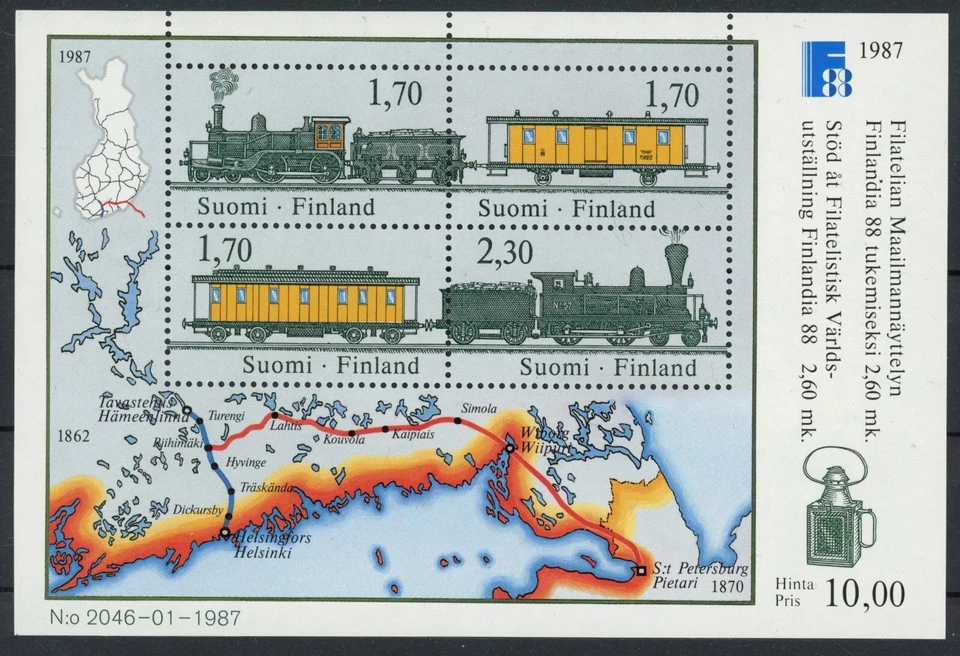 Finlandia 1987: trenes - buena hoja MNH muy fina Foto 1 de 1