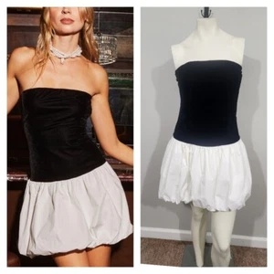 Neu mit Etikett O.P.T Leah Minikleid Damen 10 Samt Blasensaum schwarz + weiß elegant - Bild 1 von 11