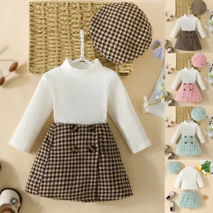 Kids Girls Long Sleeve Pullover Knitted Shirt Check Mini Skirts Hat Outfits Sets - Picture 1 of 21