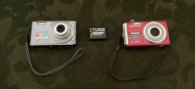 Lot of 2 Olympus Digital Cameras (Silver FE-4000 & Red FE-340) Parts Only - Image 1 of 4