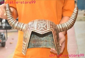 15.6" bronze ware Ancient warrior Soldier inscription bull's head helmet statue - Picture 1 of 8
