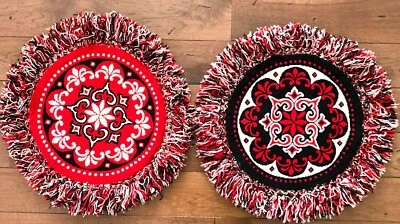 VTG Crewel Black & Red Floral Mandela Pillow Covers Reversible 16" Round Pair 2 - Image 1 of 4
