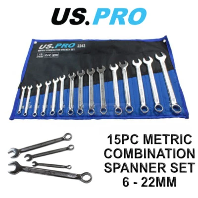 US PRO Tools 15PC Metric Combination Spanner Set 6 - 22MM 2243