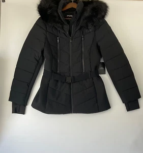 F.O.G. Mujer Negro Cinturón Puffer Chaqueta Con Capucha Piel Sintética Talla M - Imagen 1 de 14