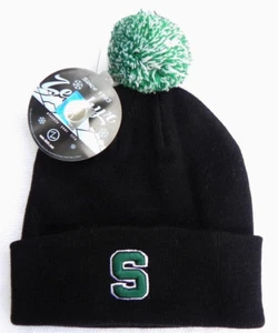 MICHIGAN STATE ST SPARTANS BLACK NCAA VINTAGE KNIT RETRO BEANIE POM CAP HAT NWT! - Picture 1 of 2