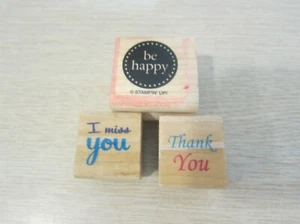 SET OF 3 BE HAPPY/THANK YOU/I MISS YOU WOOD MOUNTED RUBBER STAMPS CRAFT FREE S&H - Picture 1 of 5
