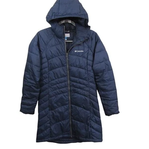 Columbia Womens Heavenly Long Hooded Jacket S Blue Puffer Full Zip Lined - Picture 1 of 10
