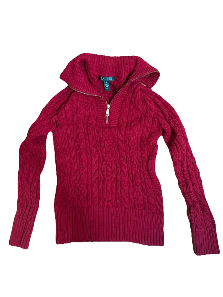 LAUREN RALPH LAUREN Women’s Red Cotton Cable Knit Collared Sweater Size Small - Image 1 of 4
