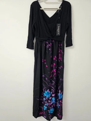 Scarlett & Jo Maxi Dress Womens Size 14 Black Floral Pink Blue Stretch Twist Fro - Image 1 of 4