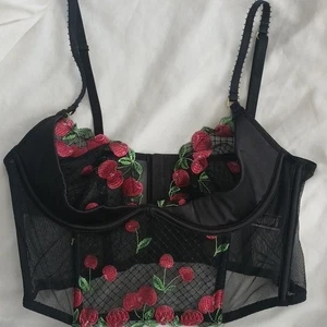 Sujetador Corsé Victoria's Secret 34B Negro Rojo Bordado Cerezas Transparente Bustier - Imagen 1 de 7