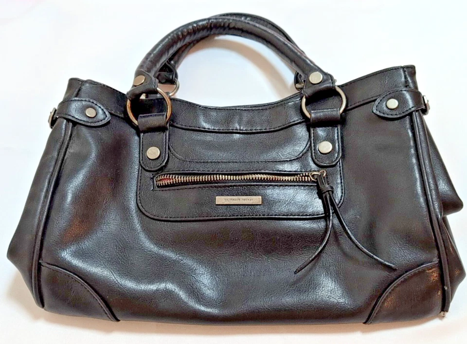 VTG Victotoria's Secret satchel black leather purse bag tote pink lining used - Image 1 of 4