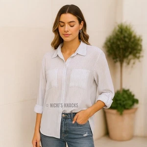 Olive & Oak Beach Day Blue White Striped Button Down Top Collared Pocket Size S - Picture 1 of 9