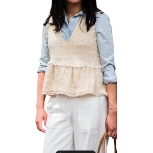 Zara TRF Collection Top Womens S Tweed Sleeveless Frayed Peplum Button Back - Picture 1 of 8