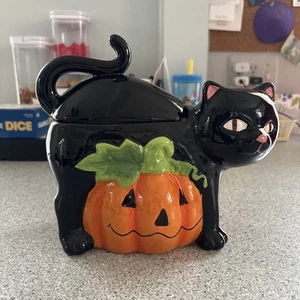 David’s Cookies Halloween Black Cat & Jack-o-lantern Pumpkin Cookie Jar - Picture 1 of 6