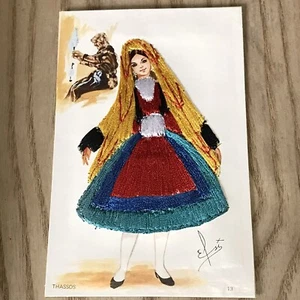 ELSI GUMIER Silk Embroidered Postcard Lady in Dress Greece Ethnic Costume Athens - Picture 1 of 7