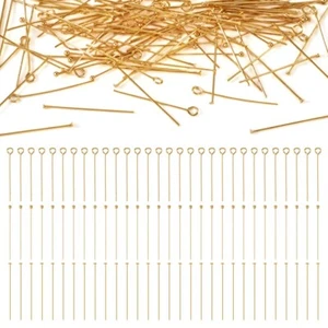 300Pcs Golden Brass Eye Pins Flat Head Ball Head Pins Jewelry Making Findings - Picture 1 of 7