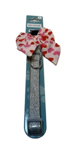 NEW DOG COLLAR silver with pink red heart bow SIZE LARGE 15-20 INCHES - Picture 1 of 4
