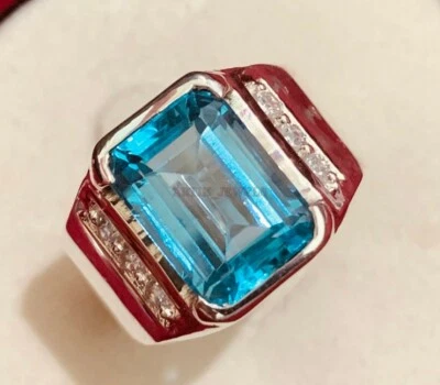 Natural Blue Topaz Gemstone with 14k White Gold Plated Silver Ring for Men AJ595 - Image 1 of 4