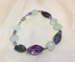Fine Estate Gold Filled & Natural Amethyst Labradorite Chalcedony Bead Bracelet - Picture 1 of 12
