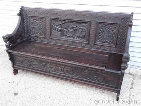 Antique Solid Oak Storage Bench - Carved Oak with Griffins Cover