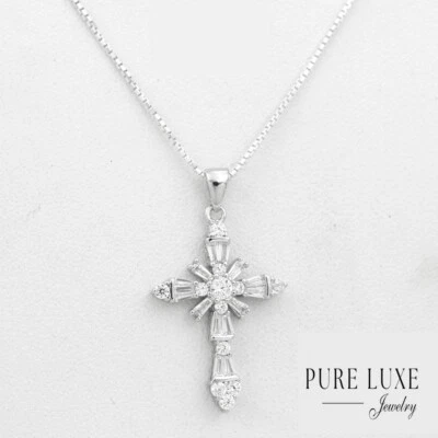 Women's Sterling Silver Cross CZ 32mm Small Pendant 18" Necklace.BOX - Image 1 of 3
