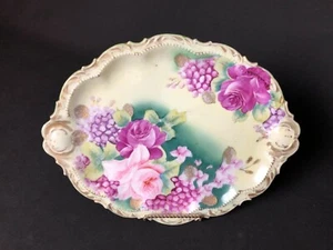 Beautiful Antique Nippon 12” Oval Platter Fuchsia & Pink Roses Beaded - Picture 1 of 6