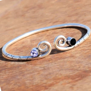 Black Onyx & Amethyst Cut Gemstone 925 Sterling Silver Bangle For Brother Gift - Picture 1 of 5