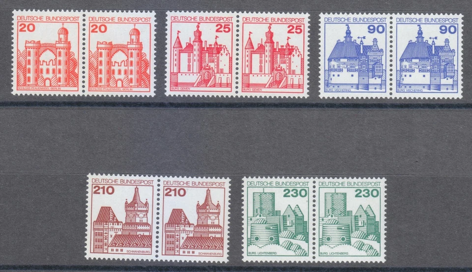 Germany 1978-1979 MNH Sc Mi 995/995-999/999 Castles of Germany set of pairs ** - Image 1 of 2