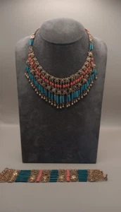 Art Deco Egyptian Revival Gilded Brass Turquoise & Coral Necklace & Bracelet Set - Bild 1 von 14