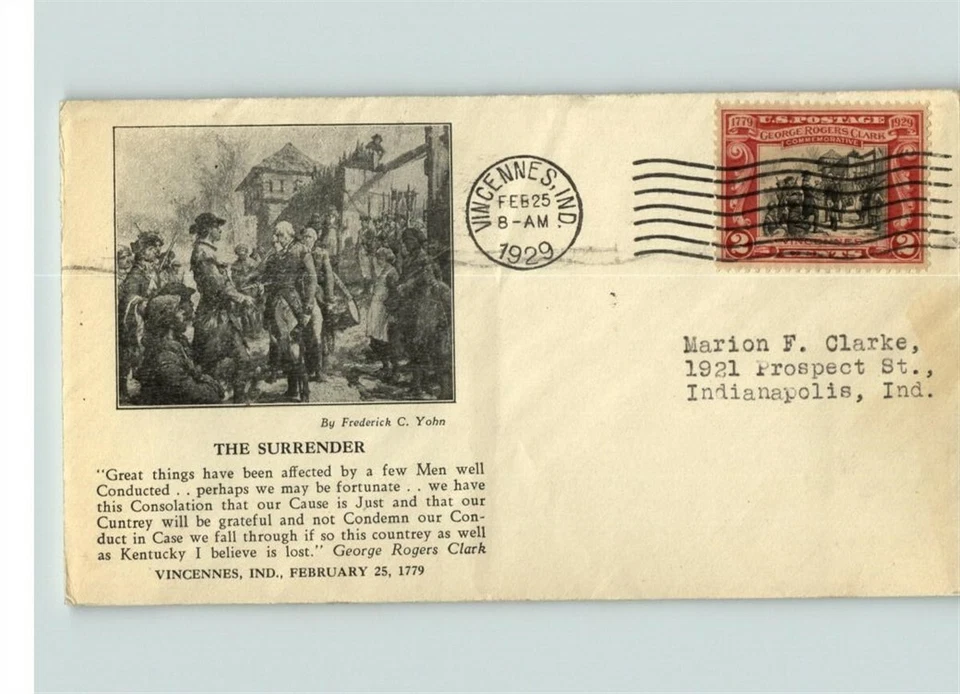 1929 GEORGE ROGERS CLARK # 651, Vincennes, Indiana cancel, "The Surrender" FDC - Image 1 of 1