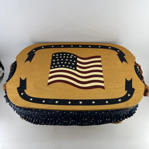 Peterboro Basket Picnic Tailgate 150 Anniversary Patriotic 2 liners and Lid Flag Cover