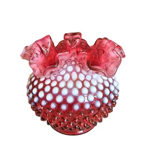 Vintage Fenton 6" Vase Cranberry Opalescent Hobnail Ruffled Lip - Picture 1 of 7