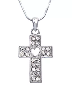 Cross Heart Pendant Necklace Christian Catholic Jewelry Clear Rhinestones - Picture 1 of 3