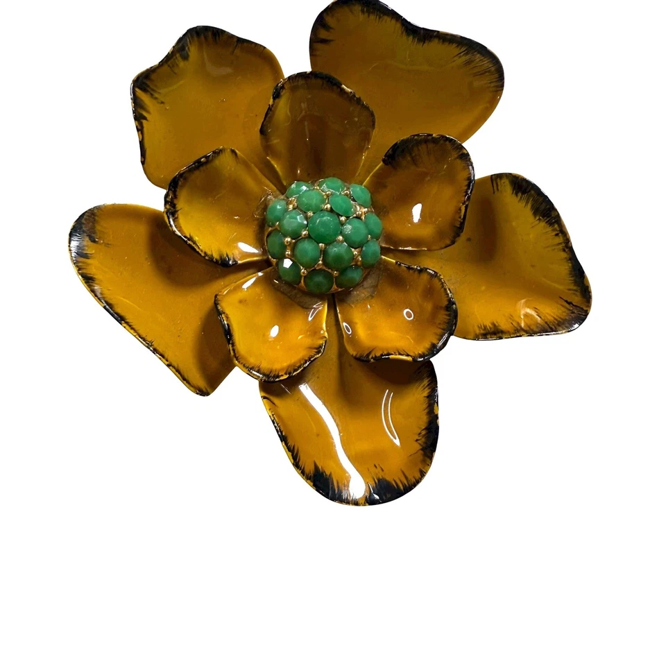 Vintage Enamel Flower Brooch Pin Yellow Green Gemstone Center Statement Floral - Image 1 of 4