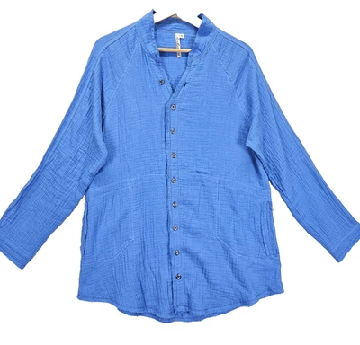 Lulu B Top Lightweight Gauze jacket Button Front V-Neck Size Large Blue Pockets - Image 1 of 4