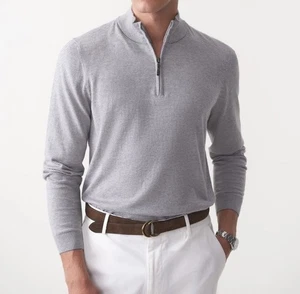 J. McLaughlin Brookhaven 1/4 Zip Sweater Light Gray Stripe Cotton Cashmere Large - Picture 1 of 6