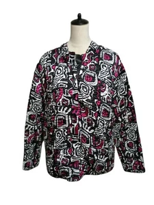 Ruby Rd Pink Black White Print Crinkly Quilted Jacket Zip Front Pockets SZ 2X - Picture 1 of 14