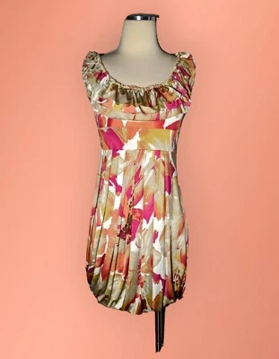 Bubble Hem SATIN Lined Dress FLORAL Ruffle Size Medium Fuschia Green Women's NEW - Image 1 of 4