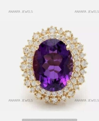 4 Ct Oval Cut Lab-Created Amethyst Halo Engagement Ring 14K Yellow Gold Plated - Image 1 of 4