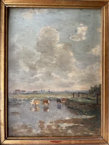 EUGENE BOUDIN ( circle ) - 19th IMPRESSIONIST OIL -  LANDSCAPE COWS CLOUDY SKIES - Picture 1 of 18